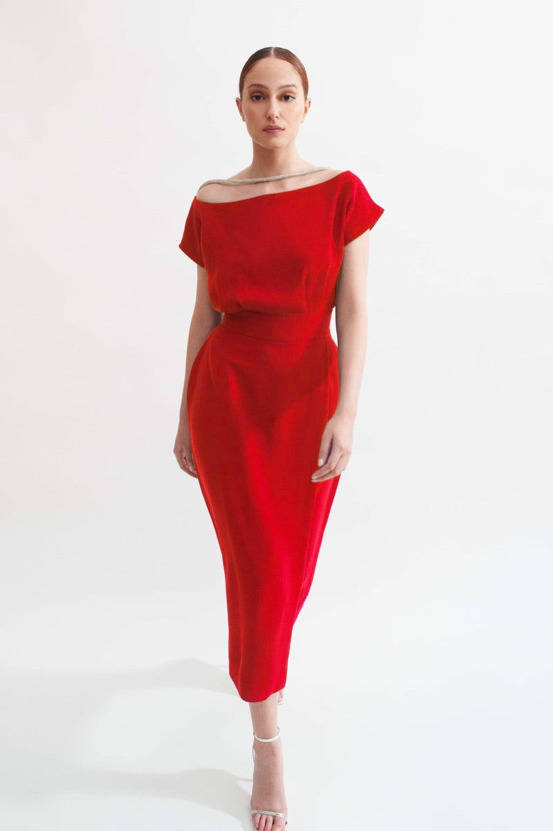 fitted lace wedding dress Melinda Red Satin Gown | Afterpay | Klarna main image 1
