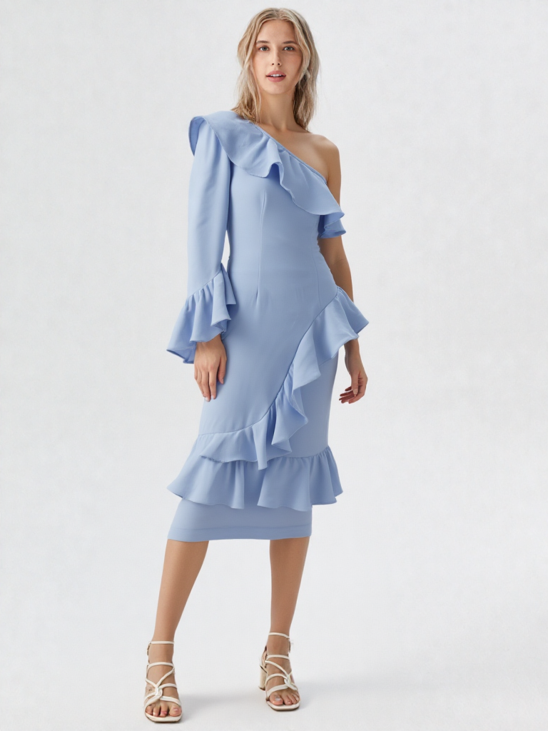 Vestido asimétrico volantes azul cielo