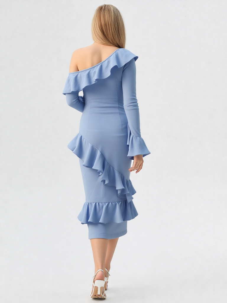 Vestido asimétrico volantes azul cielo